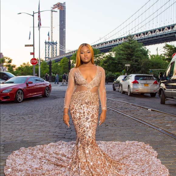 PROM DRESS GOLD AND ROSE GOLD LONG SLEEVE MESH - Picture 5 of 8